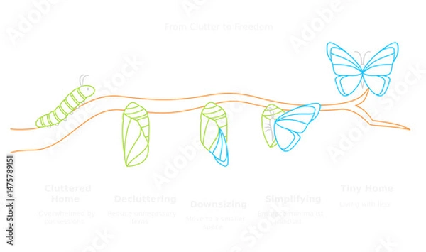 Fototapeta Butterfly metamorphosis: A stunning illustration detailing the complete transformation of a butterfly, showcasing the beautiful cycle of life from crawling caterpillar to magnificent winged creature.