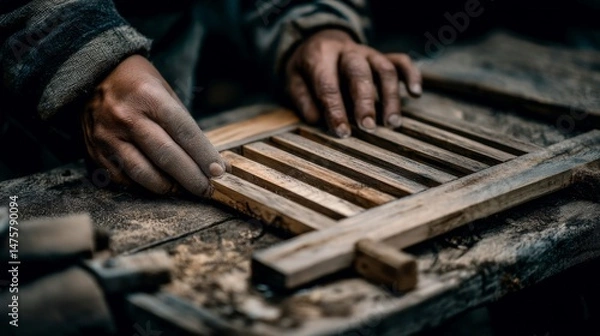 Obraz Craftsman Carefully Assembling Wooden Strips To Form A Unique Artisan Piece In A Workshop Setting