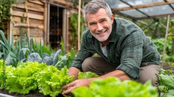 Obraz Smiling man tending to fresh lettuce in vibrant garden full of green vegetables and herbs, enjoying organic farming lifestyle