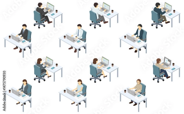 Obraz アイソメトリックイラスト：デスクでパソコン仕事する人