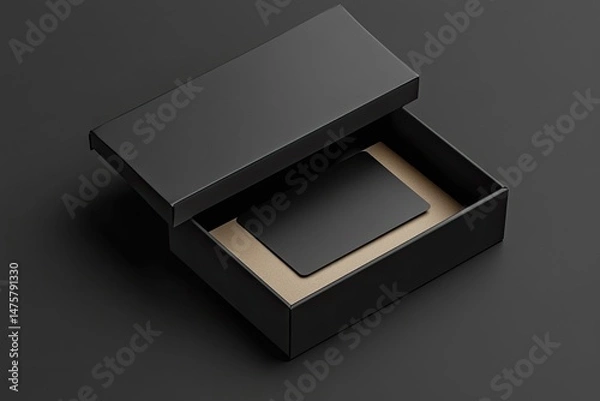 Fototapeta Black gift box with a black card inside, slightly opened