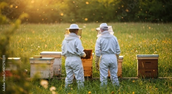 Fototapeta Two people in protective beekeeping suits tending to wooden beehives in a sunny, grassy field, surrounded by flying insects