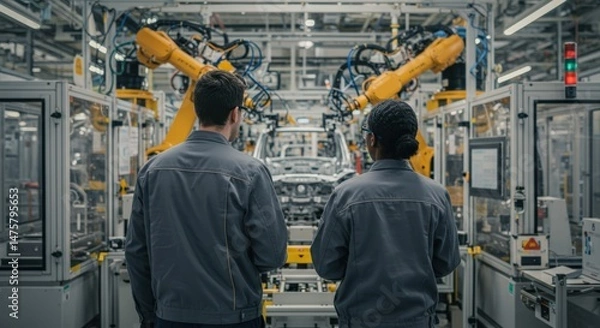 Fototapeta Rear view of a male and female engineer observing robotic arms assembling a car chassis on a production line in a large, modern industrial factory setting.