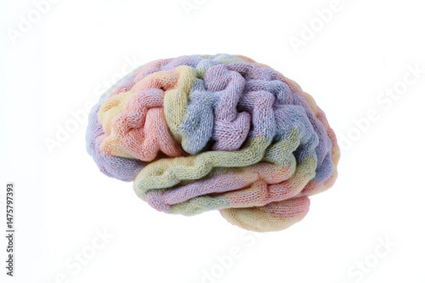 Fototapeta A knitted human brain, yarn texture isolated on white background
