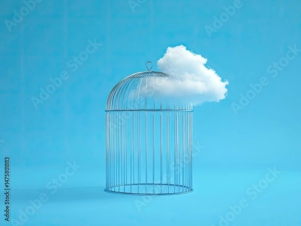 Obraz A cloud rests atop a metal birdcage against a blue backdrop