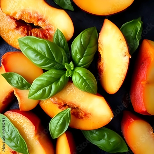 Fototapeta A visually captivating composition of peach slices intermixed with fresh basil leaves, showcasing the harmony of flavors and textures against a dark surface.