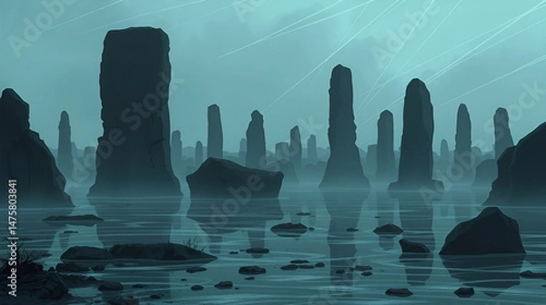 Fototapeta Gritty dystopian of climate refugees facing flooded coastal communities. [Hollow Monoliths] | Bleak Sanctuaries | godless stone. Illustration