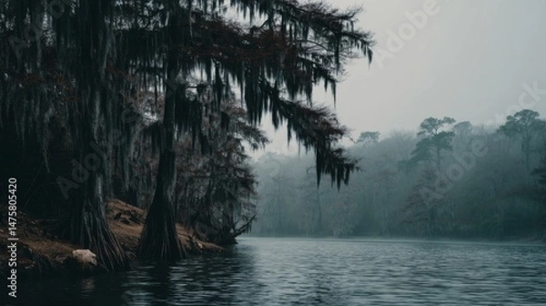 Obraz Mysterious Foggy River Landscape with Cypress Trees and Spanish Moss in Serene Nature Setting