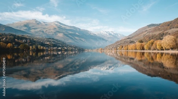 Obraz Tranquil Lake Reflection Surrounded by Majestic Mountains and Autumn Trees Under Clear Blue Sky