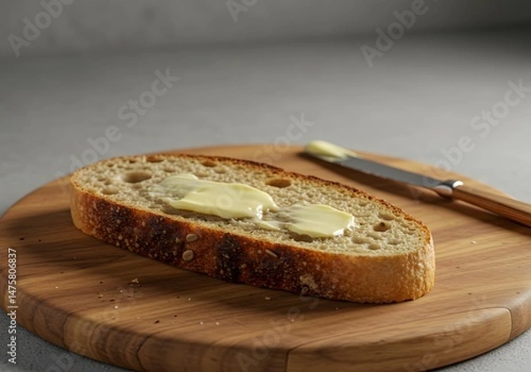 Fototapeta Delicious Toasted Bread with Melted Butter on Wooden Board A Simple Yet Satisfying Breakfast or Snack