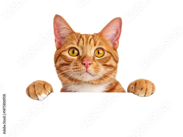 Fototapeta A ginger tabby cat peering over an edge with paws visible against a  isolated on transparent background, Generative ai.