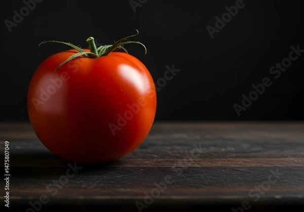 Fototapeta Vibrant Red Tomato on Dark Wood Surface A Close-Up Still Life Photograph
