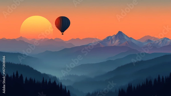 Fototapeta Hot air balloon ride over the mountains at sunset. [Gravity Shrines] | Corelift Ridge | ascending spine. Illustration