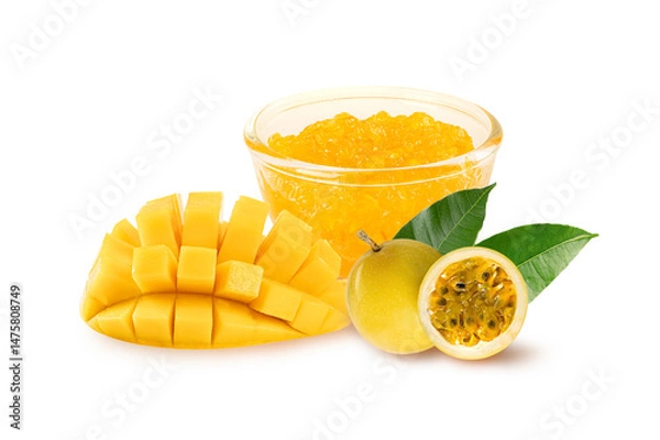 Fototapeta Close up. Tasty fruits jam in glass bowl isolated on white background.