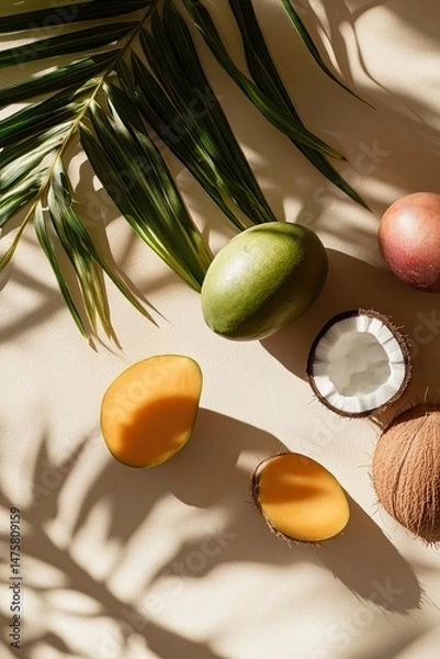 Obraz Tropical fruit arrangement with palm leaf shadows