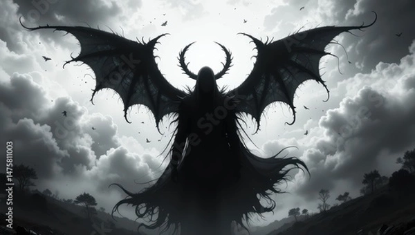 Obraz Mysterious Winged Figure Silhouetted Against Dark Storm Clouds in a Dramatic Fantasy Scene
