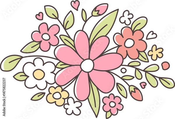 Fototapeta Spring Animals with Silly Goose and Flowers Doodle Hand Drawn