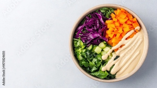 Fototapeta A colorful salad bowl with chopped vegetables and a creamy dressing, arranged neatly on a light background.