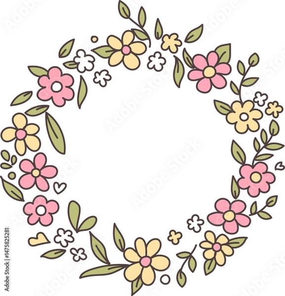 Fototapeta Hand drawn spring flowers and floral frames, borders botanical décor elements