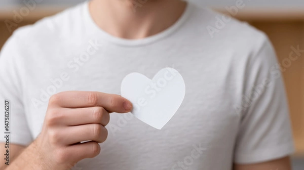 Fototapeta Man in casual white shirt holding a plain white paper heart close to chest representing love compassion or donation support.