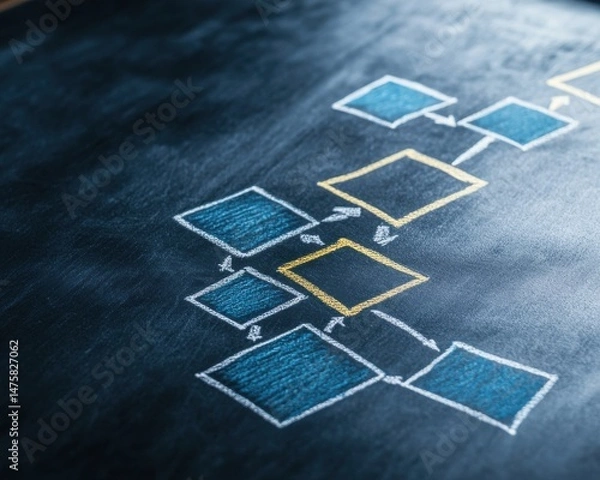 Fototapeta A detailed flowchart on a chalkboard, illustrating organized concepts and processes for business planning and strategy.