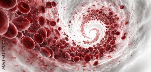 Obraz A dynamic view of swirling red blood cells, illustrating the circulatory system's complexity and vital role in human health.