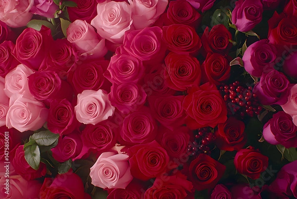 Fototapeta A vibrant collection of pink and red roses, densely packed together, creating a lush and romantic floral backdrop. Ideal for Valentine's Day, wedding invitations, or romantic themes.