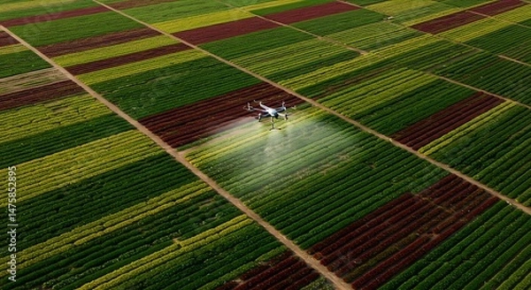 Obraz Drone Spraying Field Aerial View of Agriculture Technology