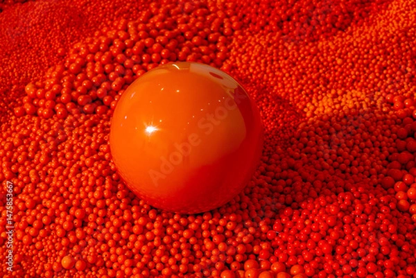 Fototapeta Bright red reflective sphere resting on a textured surface made of small red plastic bead
