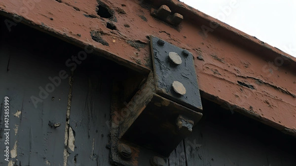 Fototapeta Close-up of weathered, rusty metal joint on aged wooden structure, showing texture and detail of old construction.