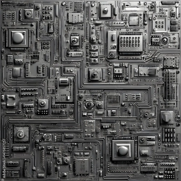 Obraz Abstract Gray Circuit Board Design with Complex Electronic Components