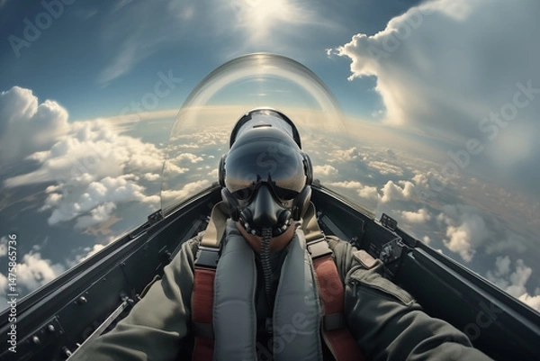 Fototapeta First-person perspective from inside a fighter jet cockpit above the clouds.
