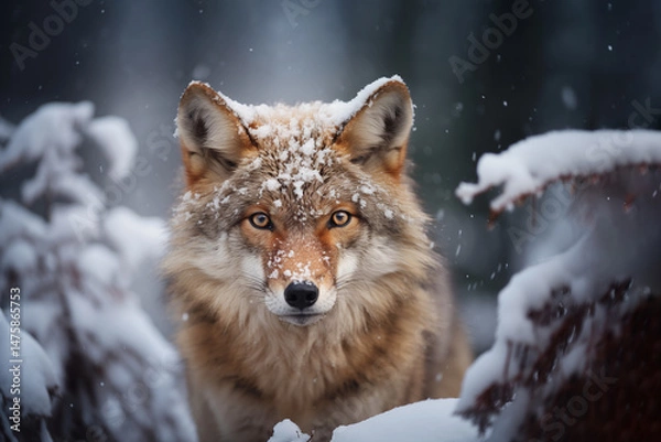 Fototapeta Close-up of a coyote face covered in snow in winter