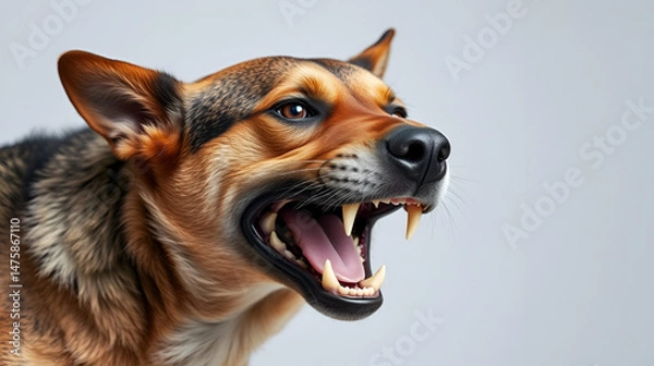 Fototapeta Aggressive dog get angry and bares his teeth. Dog shows dangerous teeth and ready to attack. Rabies vaccination and prevention, immunization and treatment of infection. Homeless animal concept