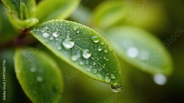 Fototapeta Fresh green leaf with glistening water droplets, a symbol of nature's delicate beauty