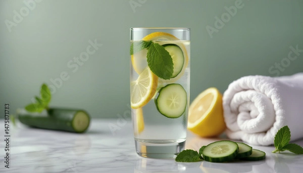 Obraz Glass of cucumber-lemon detox water with mint, styled with a towel and greens.