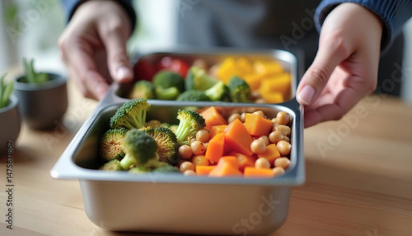 Obraz Hands placing roasted vegetables into a stainless steel lunchbox on a wooden countertop.