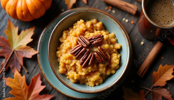 Obraz Pumpkin oatmeal with pecans and cinnamon in an autumn-themed breakfast flat lay.