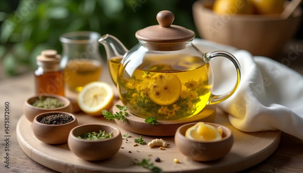 Obraz A wellness tea setup with herbal infusion, honey, and herbs on a wooden surface.