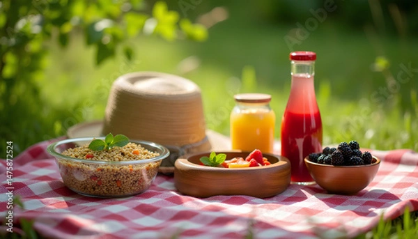 Obraz A rustic picnic spread with quinoa salad, infused water, and berries on a checkered cloth in sunlight.