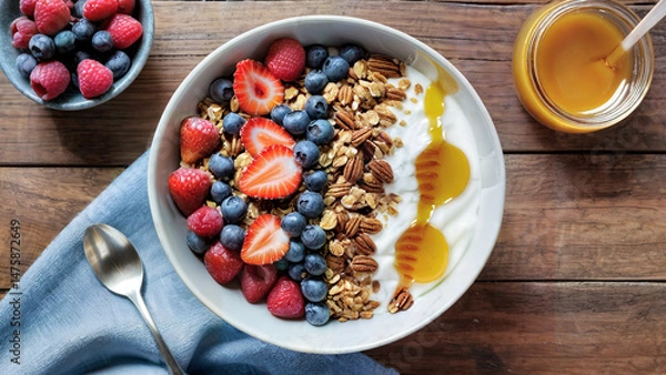 Obraz A top view of a healthy breakfast bowl with granola, fresh berries, yogurt, and a honey drizzle on a natural wood background, highlighting the vibrant and fresh ingredients.