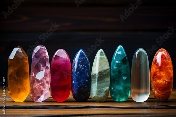 Fototapeta Polished Chakra Crystals Arranged in Row on Wooden Surface - Chakra Healing Stones