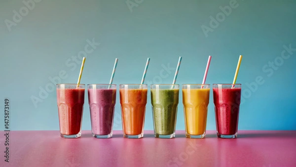 Obraz A set of rainbow-colored smoothies in transparent glasses with striped paper straws, against a pastel background, showcasing vibrant layers, geometric shadows, and an Instagrammable aesthetic.