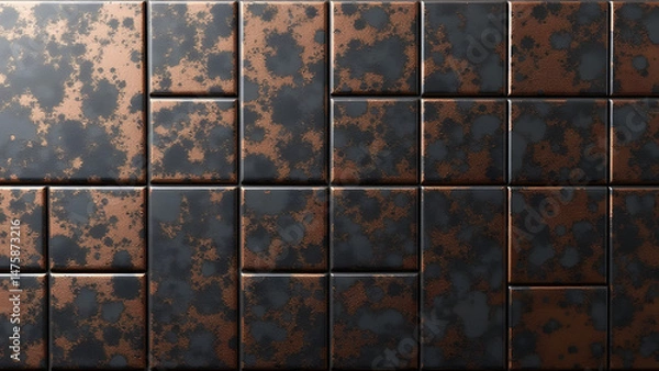 Fototapeta Square metal mosaic tiles with gray base and copper/black veins. Marbled metal look, compact format, seamless, high-resolution.