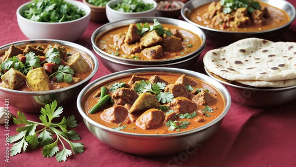 Obraz Indian curry with naan bread and assorted spices, garnished with cilantro.