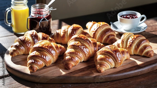 Obraz Freshly baked croissants with butter and jam on a wooden board.