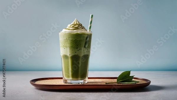 Obraz Iced matcha latte with layered milk and matcha powder in a clear glass.