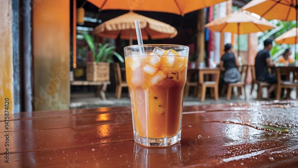 Obraz Traditional Thai iced tea with vibrant orange hue and creamy texture, served in a clear glass with condensation.