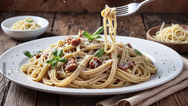 Obraz Authentic Italian spaghetti carbonara with creamy sauce and parmesan cheese.