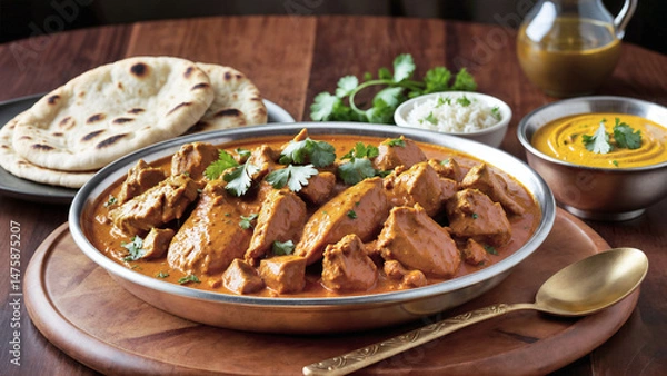 Obraz Indian butter chicken with garlic naan and golden curry sauce, captured in ultra-detailed 8K with realistic shadows, depth of field, warm tones, and copy space on the left.